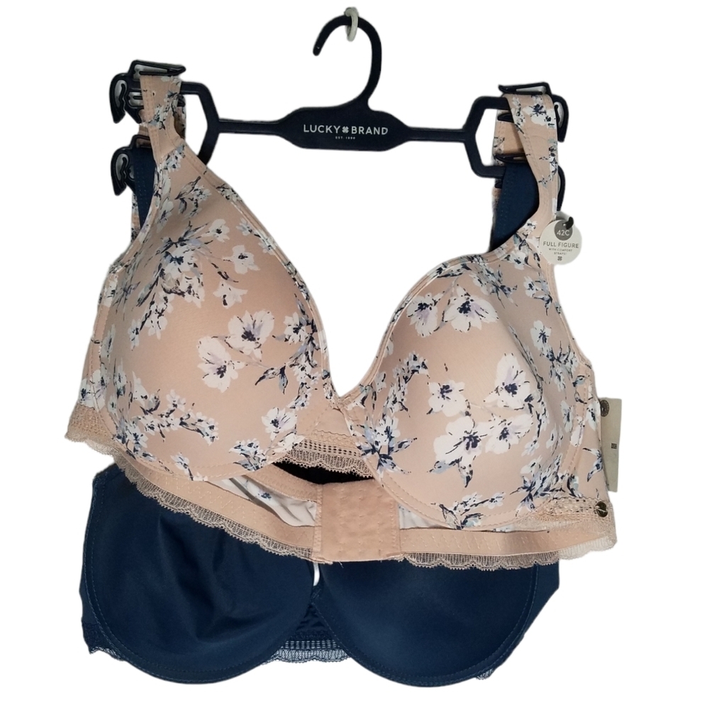 NWT Lucky Brand 2 Pack Full Figure Bras 42C Floral Blue Comfort Straps
